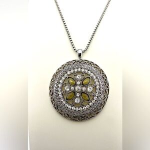 Extra Large Traci Lynn Pendant Silver Tined Rhinestone Statement Necklace